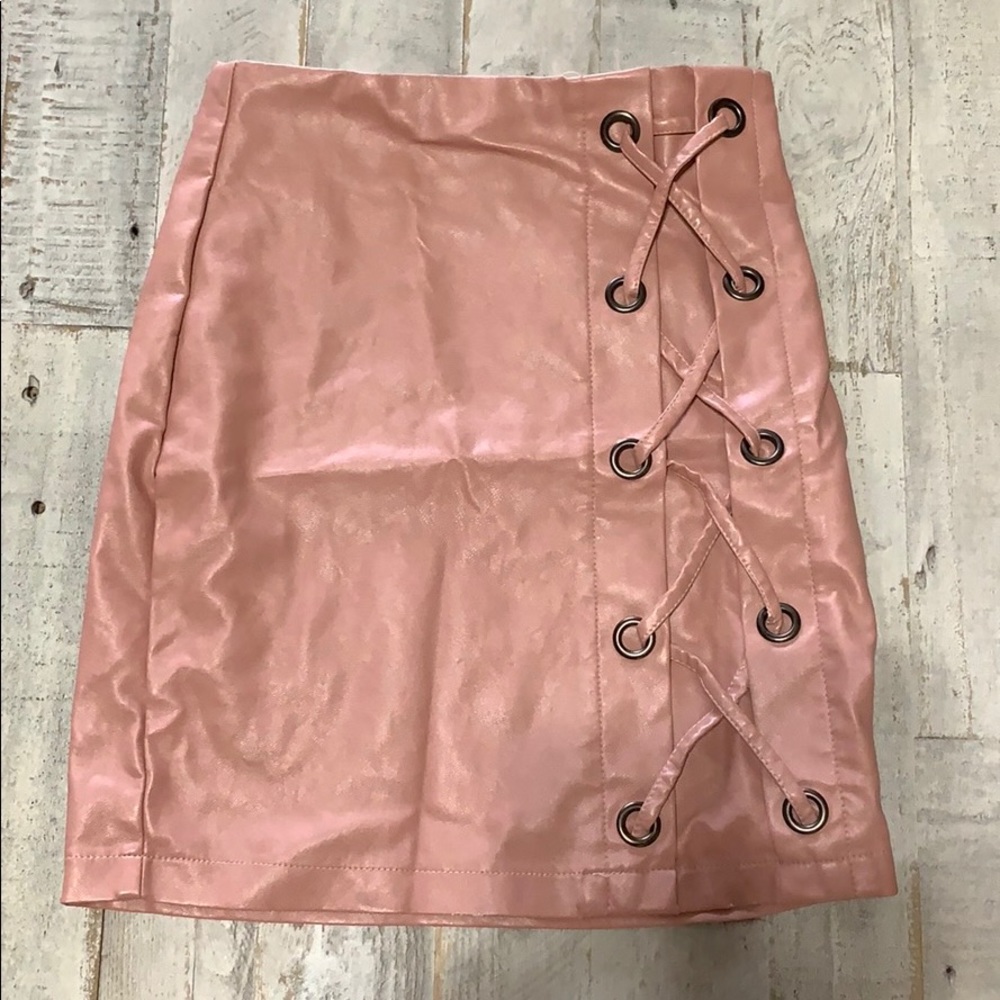 Pink leather skirt!